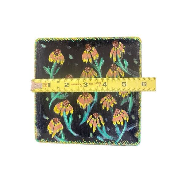 Hand painted Trinket vanity  tray sunflowers yellow black floral one of a kind - Picture 4 of 4